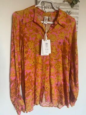NEW🌈 YAS Blouse Pink Brown Print Long-Sleeve Shirt Ladies Clothes